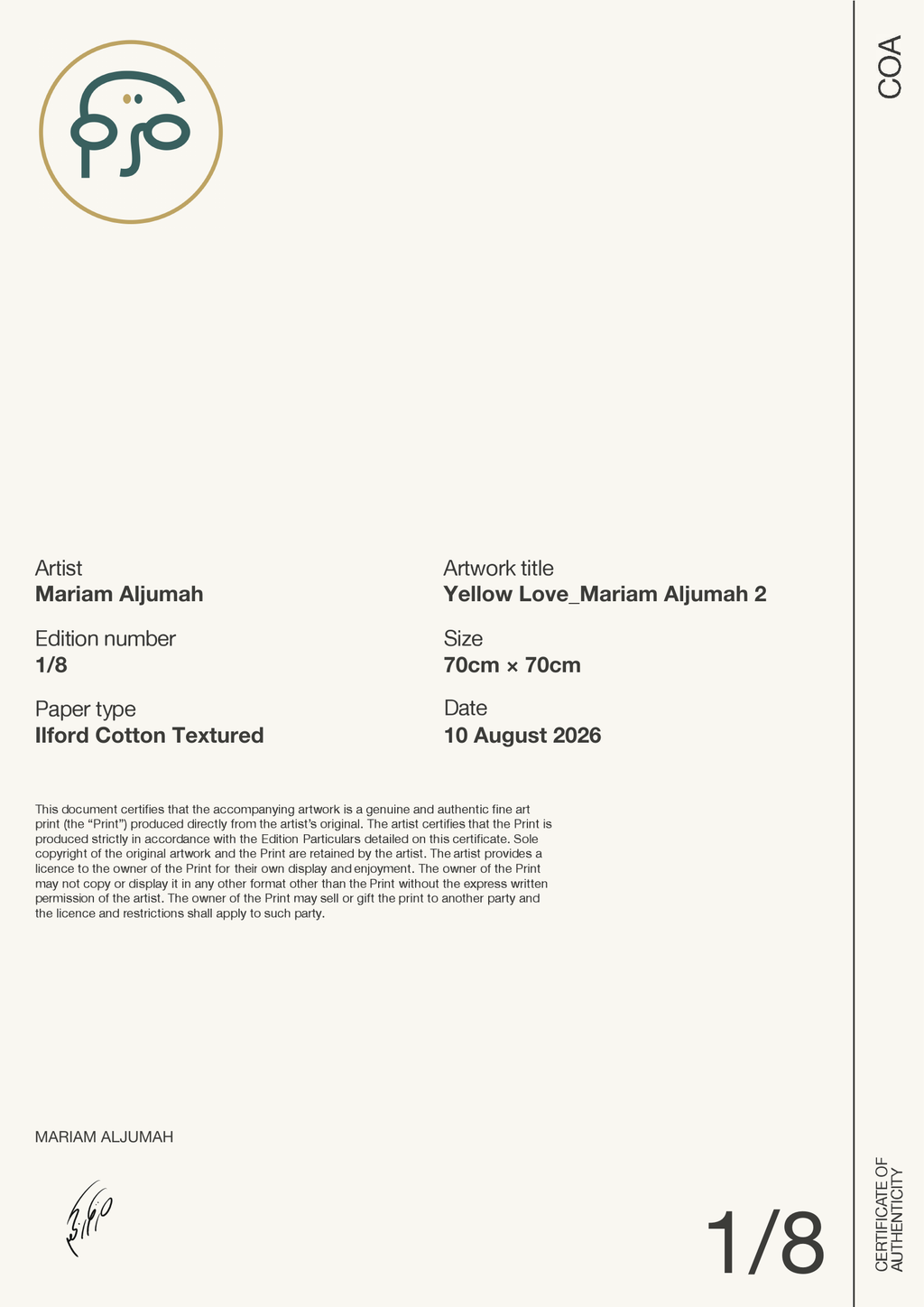 Yellow Love_Mariam Aljumah 2 — Certificate of Authenticity