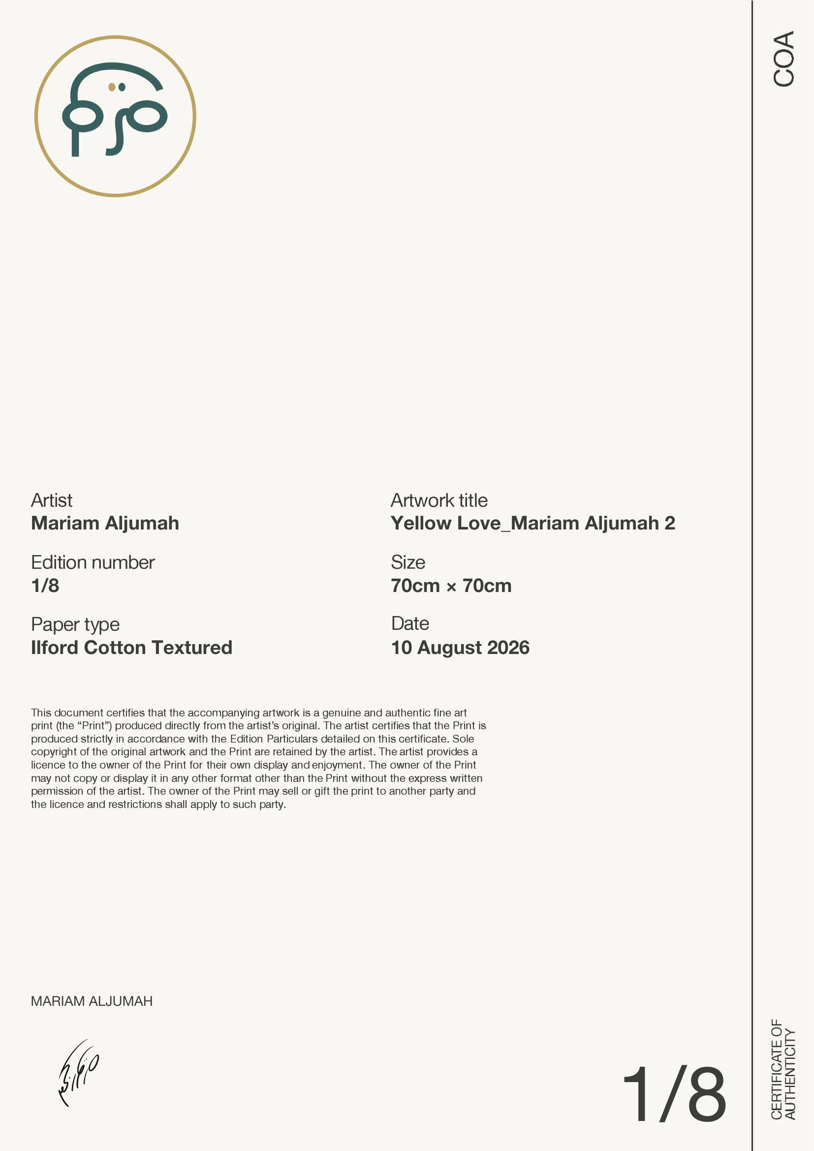 Yellow Love_Mariam Aljumah 2 — Certificate of Authenticity